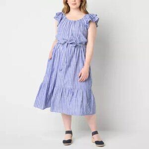 Dress 3X Blue Striped Midi Cotton Ruffle Sleeveless Tiered Hem Belted Plus Size